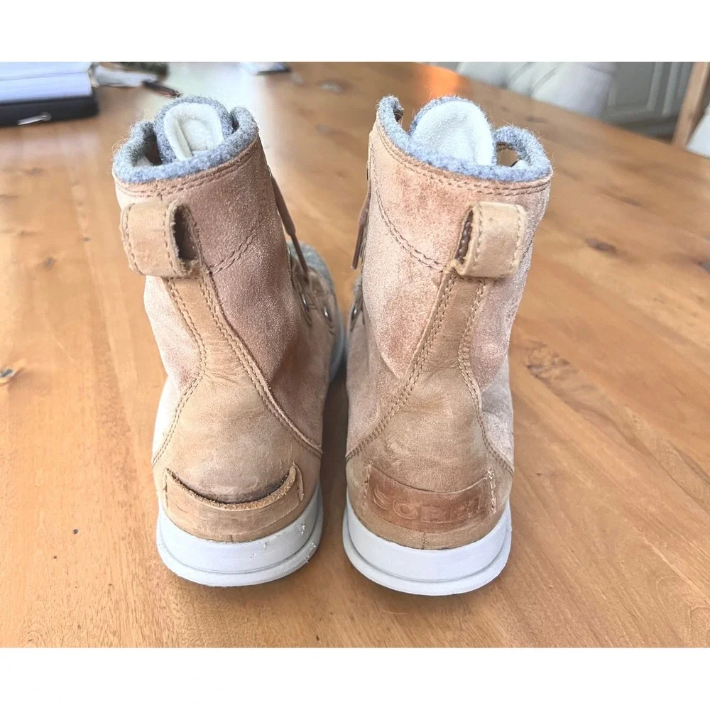 Sorel Explorer Joan Waterproof Suede Felt Winter Boots Tan Grey  Womens 8.5